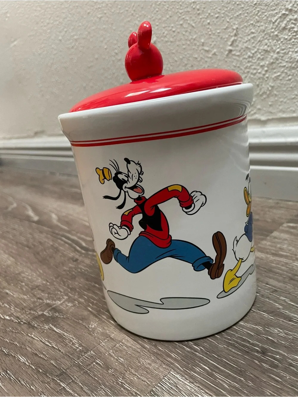 Disney Red-Accent Ceramic Canister cookie jar with Mickey & Friends Artwork NWOT